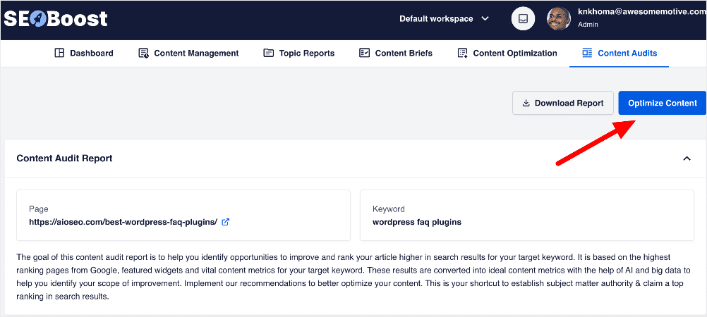 SEOBoost optimize content button