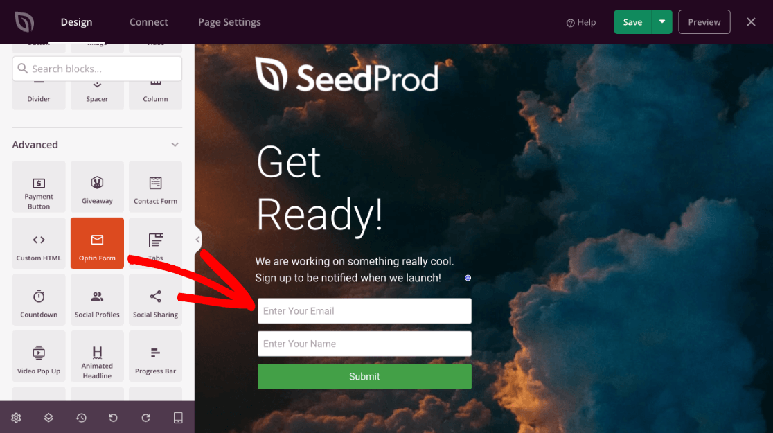 SeedProd Optin Form block for WordPress Maintenance Mode landing page