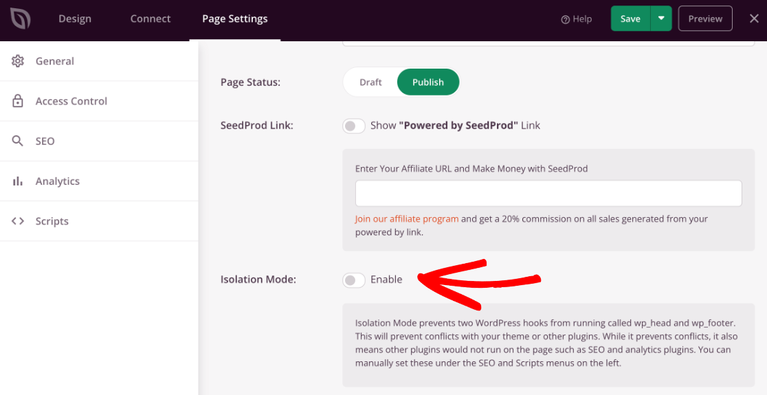 SeedProd isolation mode - switch off for WordPress maintenance mode page