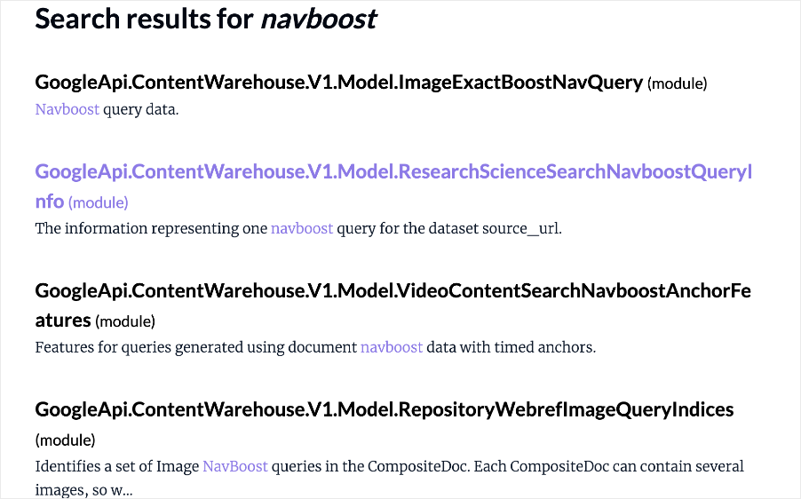 Example of Navboost search results in the Google Search Algorithm leak doc.