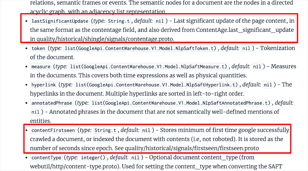 Mentions relating to content freshness in the leaked doc.