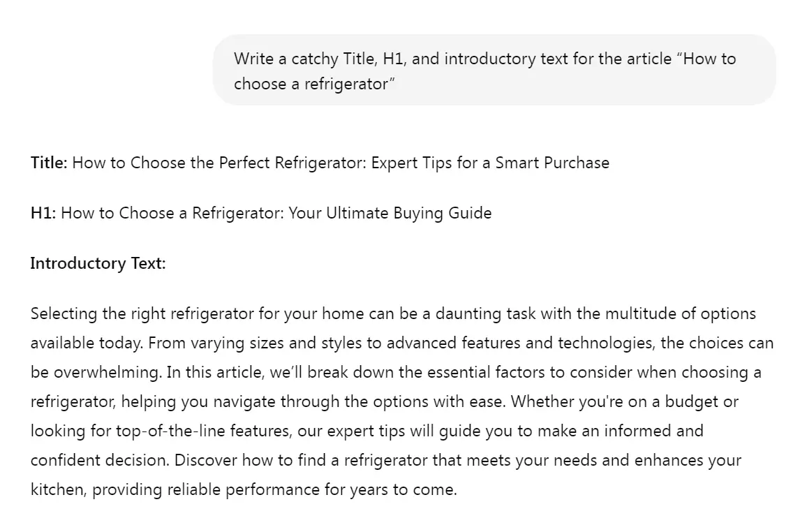 Request to AI "Write a catchy Title, H1 and introductory text for the article"