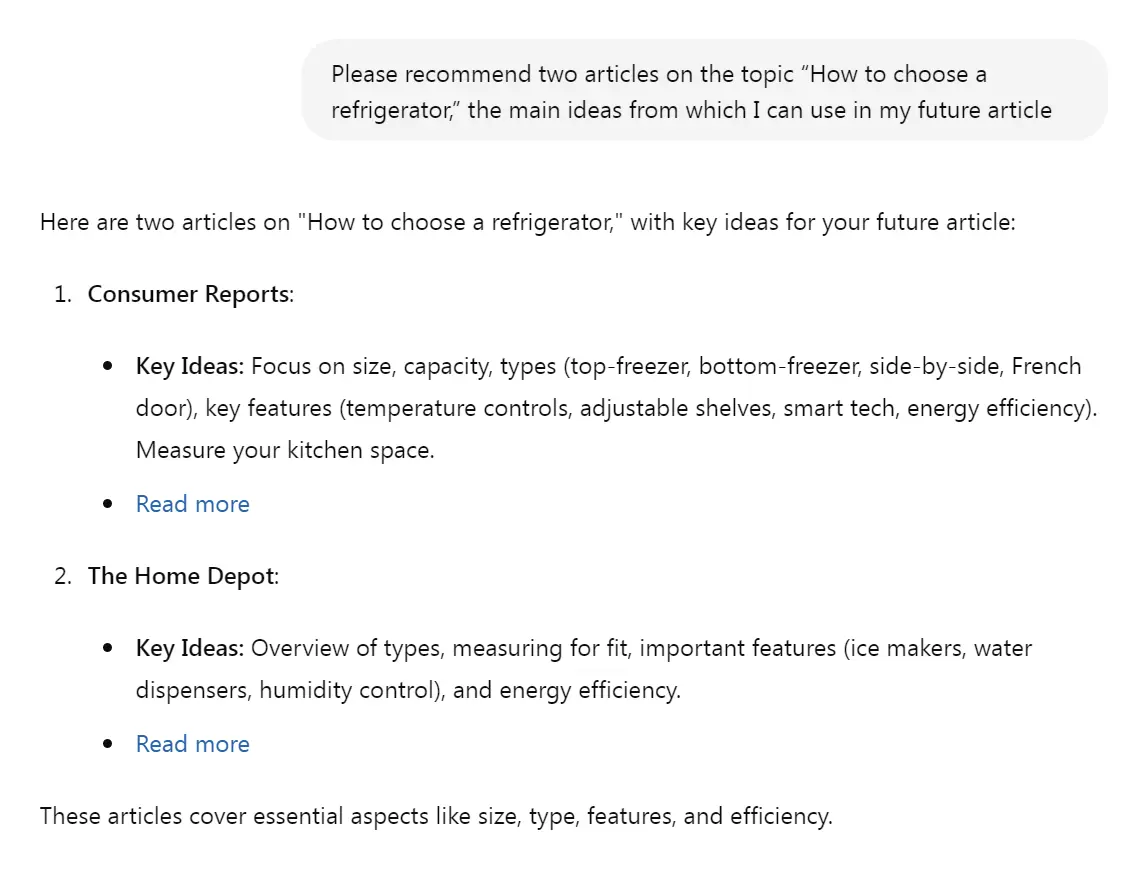 Request to AI "Recommend two articles on the topic "How to choose a refrigerator"