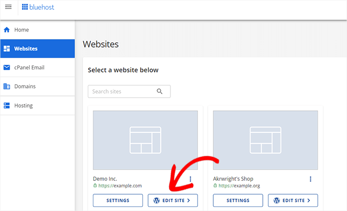 Login to WordPress by click on the Edit Site button in Bluehost