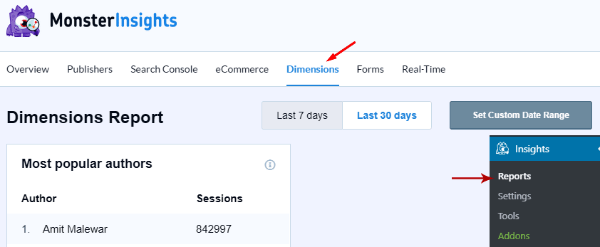 Author tracking report in MonsterInsights under WordPress dashboard