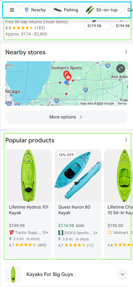 Google search for kayaks on mobile