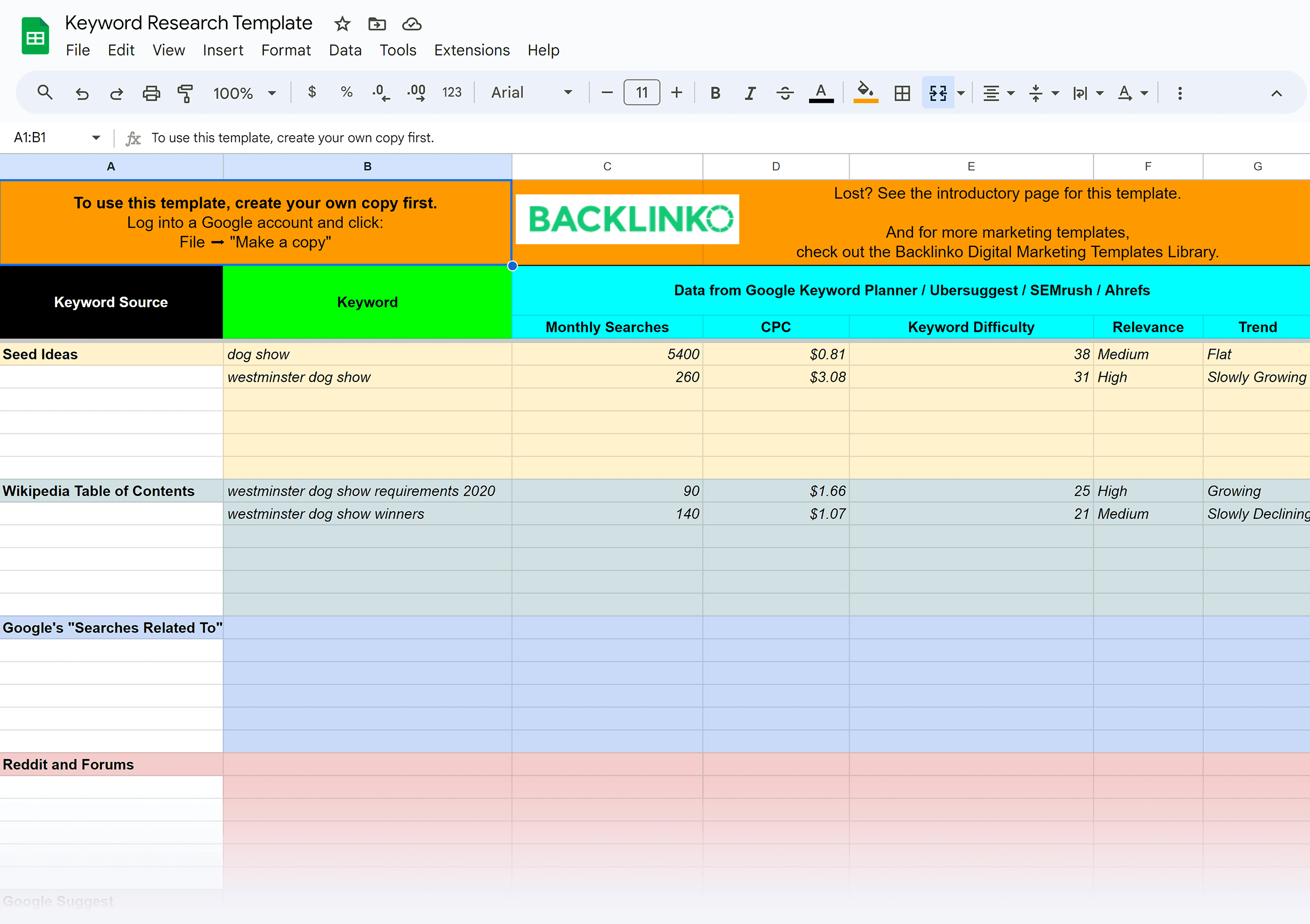 Backlinko – Keyword Research Template