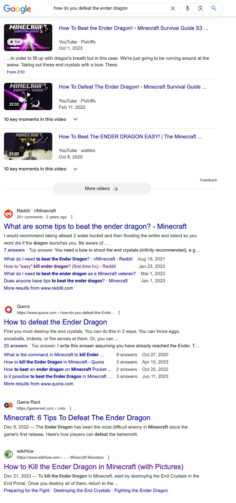 Google SERPs - how do you defeat the ender dragon