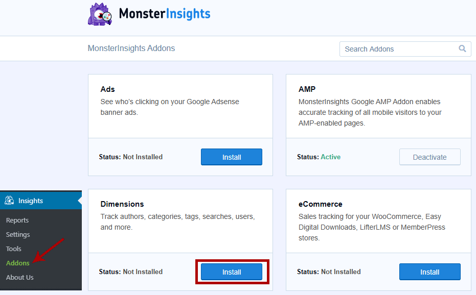 Installation of Dimensions addon in MonsterInsights plugin