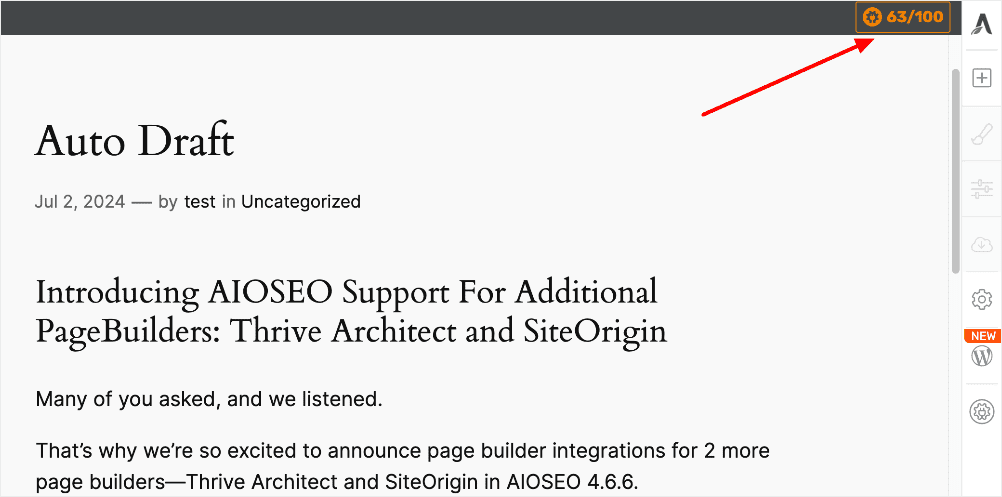 Accessing AIOSEO in Thrive Architect.